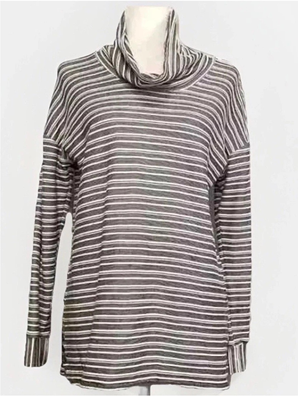 Talbots Striped Cowl Neck Pullover Top Olive White Curved Hem Medium